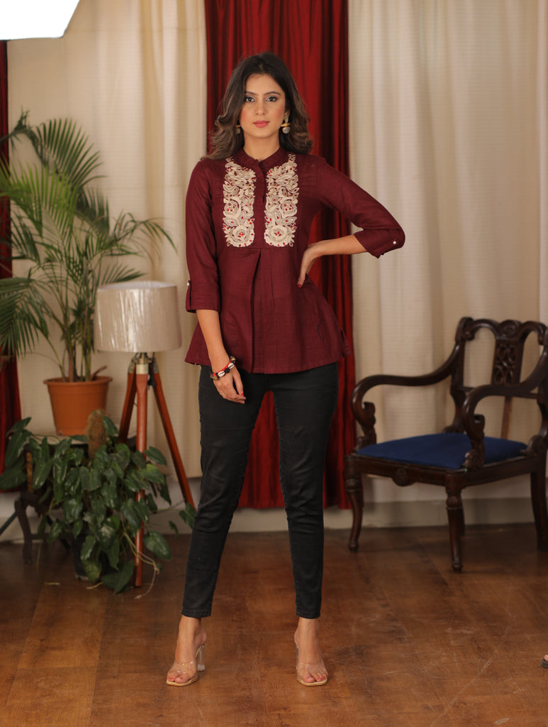 Elegant Embroidered Wine Cotton Top