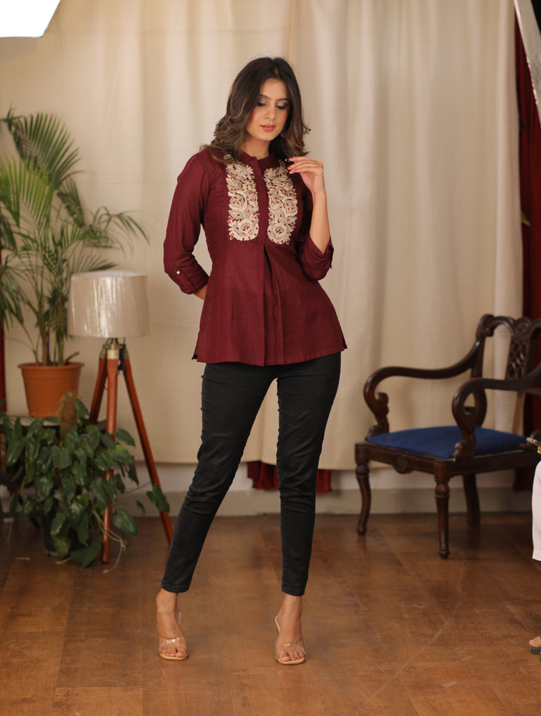 Elegant Embroidered Wine Cotton Top