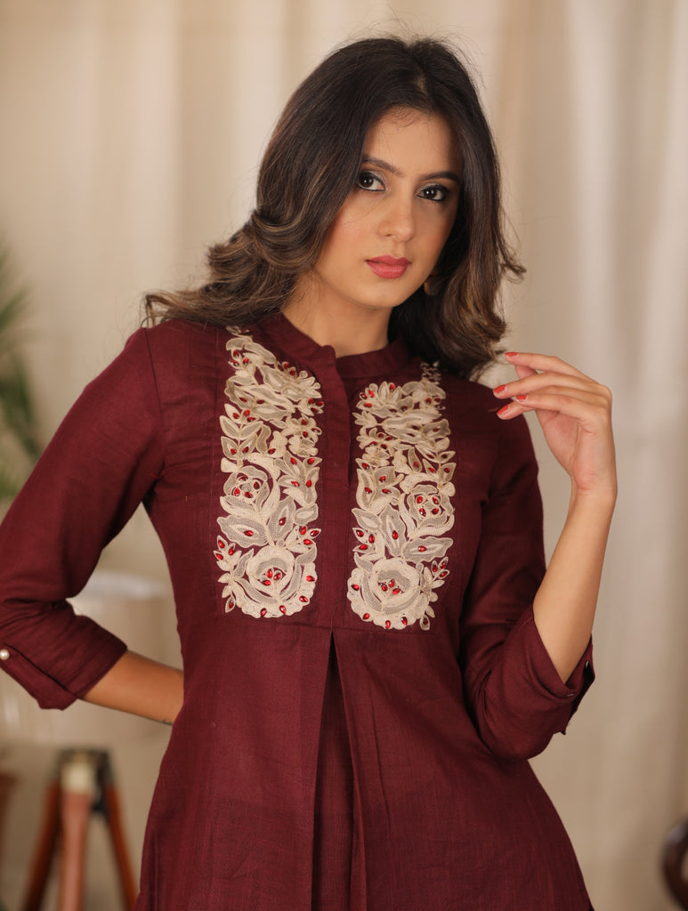 Elegant Embroidered Wine Cotton Top