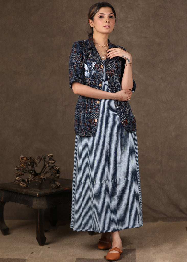 Exclusive Ajrakh Block Printed Shirt Jacket With Applique Work with inner