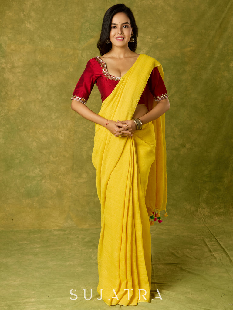 Festive hand embroidered maroon cotton silk blouse.
