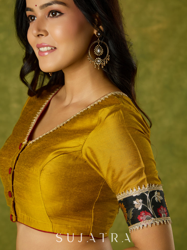 Mustard Banarasi combination blouse with a touch of tradition