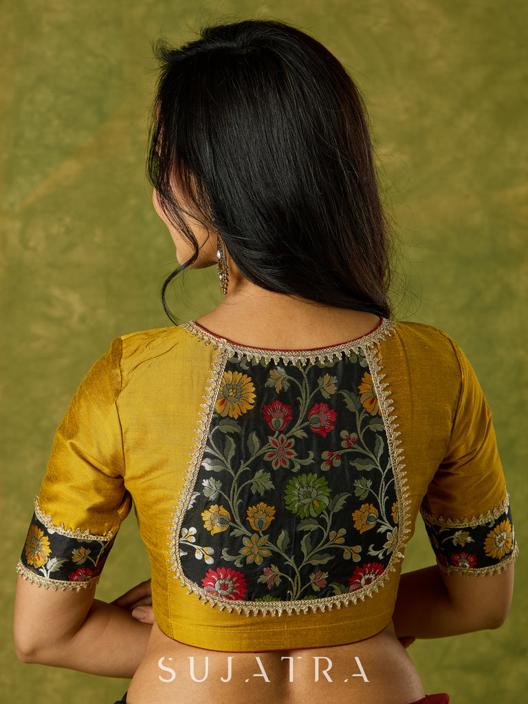 Mustard Banarasi combination blouse with a touch of tradition