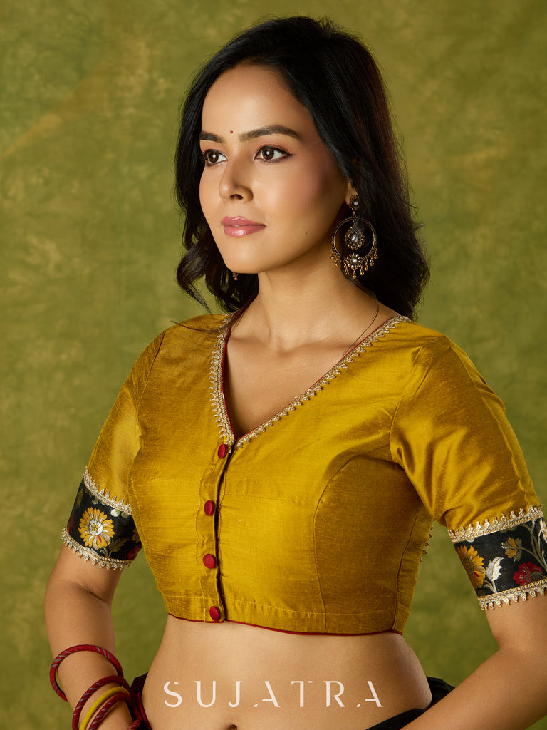 Mustard Banarasi combination blouse with a touch of tradition