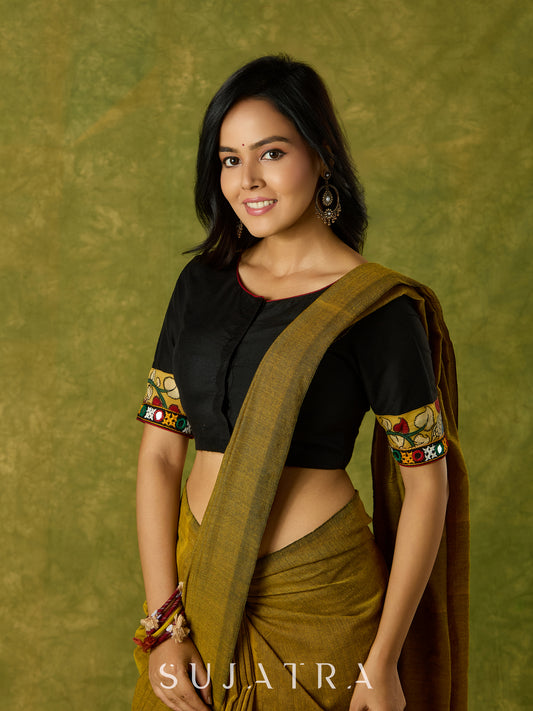 Elegant black cotton silk blouse with kalamkari and mirror highlights