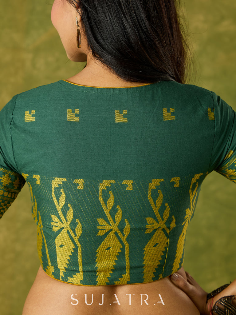 Festive green Jamdani cotton blouse with elegant woven detailing