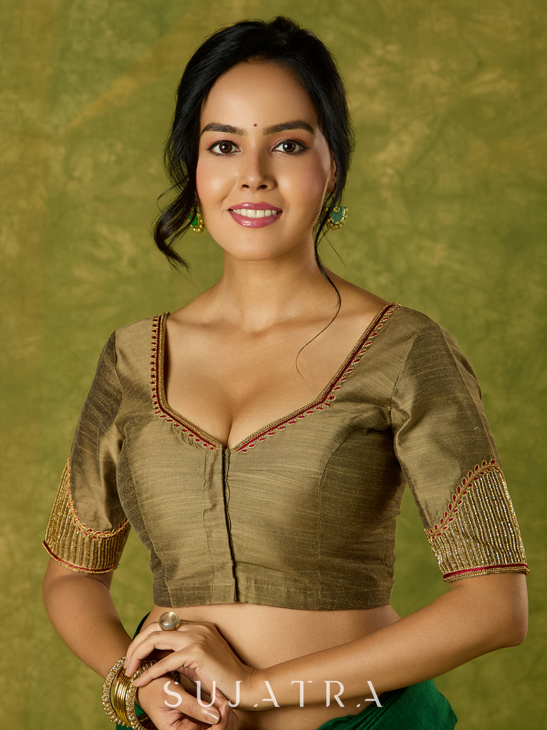 Hand embroidered dark gold cotton silk blouse with elegant details