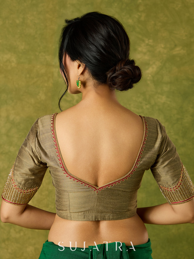 Hand embroidered dark gold cotton silk blouse with elegant details