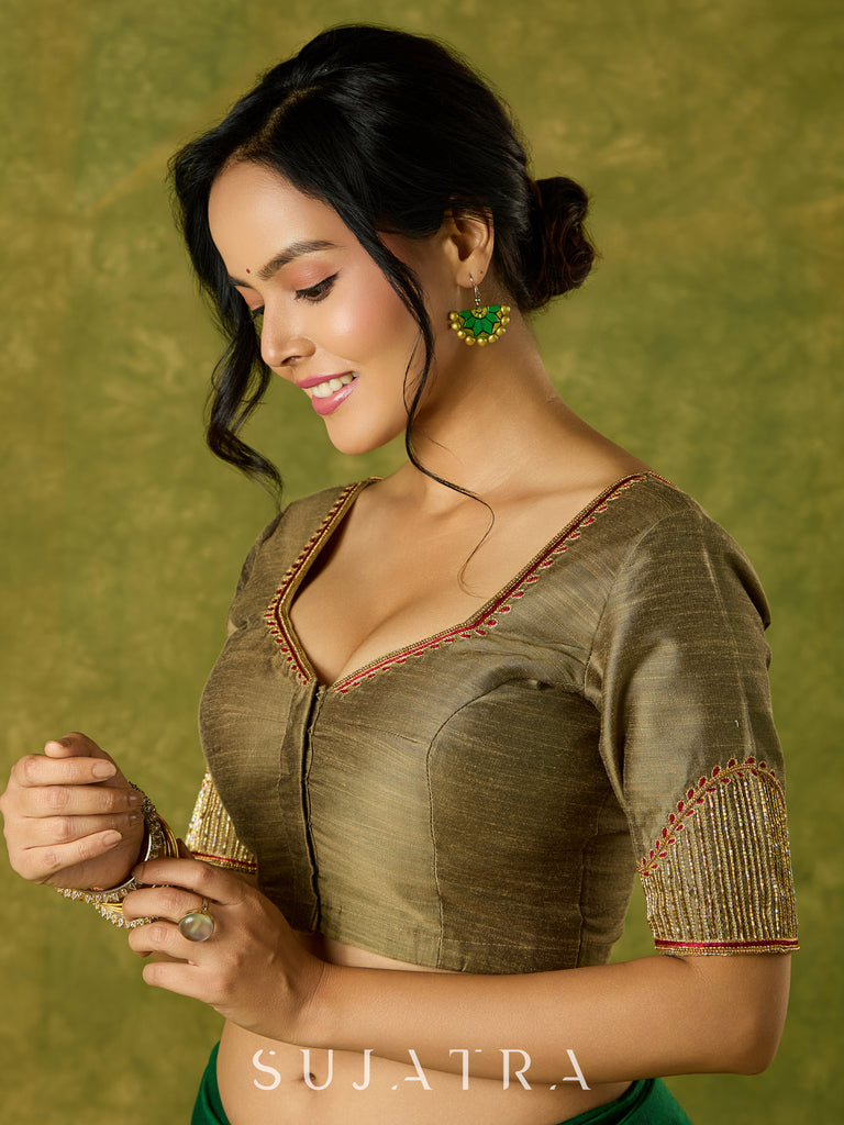 Hand embroidered dark gold cotton silk blouse with elegant details
