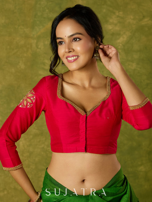 Elegant hand embroidered dark pink cotton silk blouse with intricate detailing.