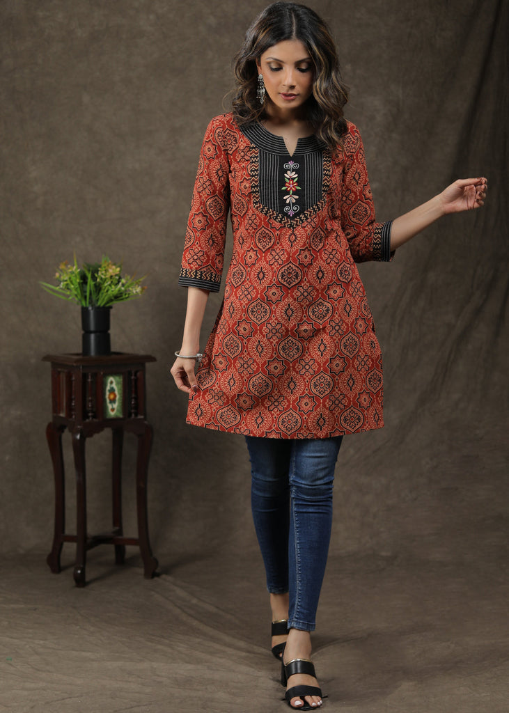 Smart Ajrakh Tunic With Embroidery Work On Yoke