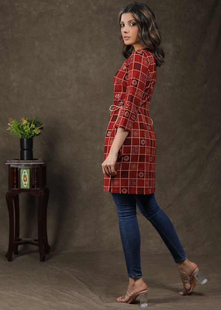 Exclusive Cotton Ajrakh Tunic With Stone Work And Tie String