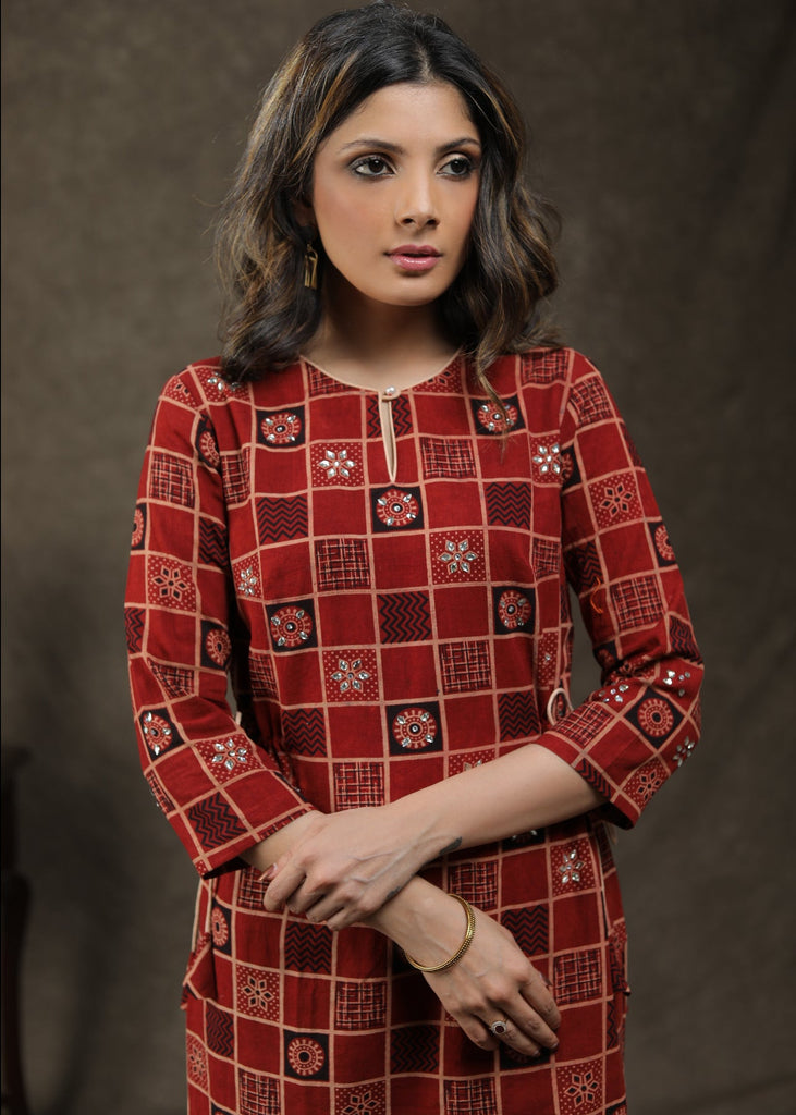 Exclusive Cotton Ajrakh Tunic With Stone Work And Tie String
