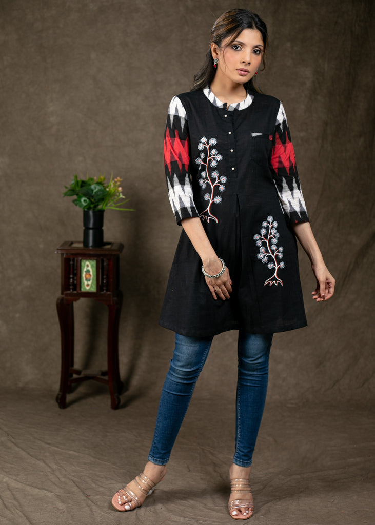Beautiful Hand painted Black Cotton Tunic with Ikat Combination