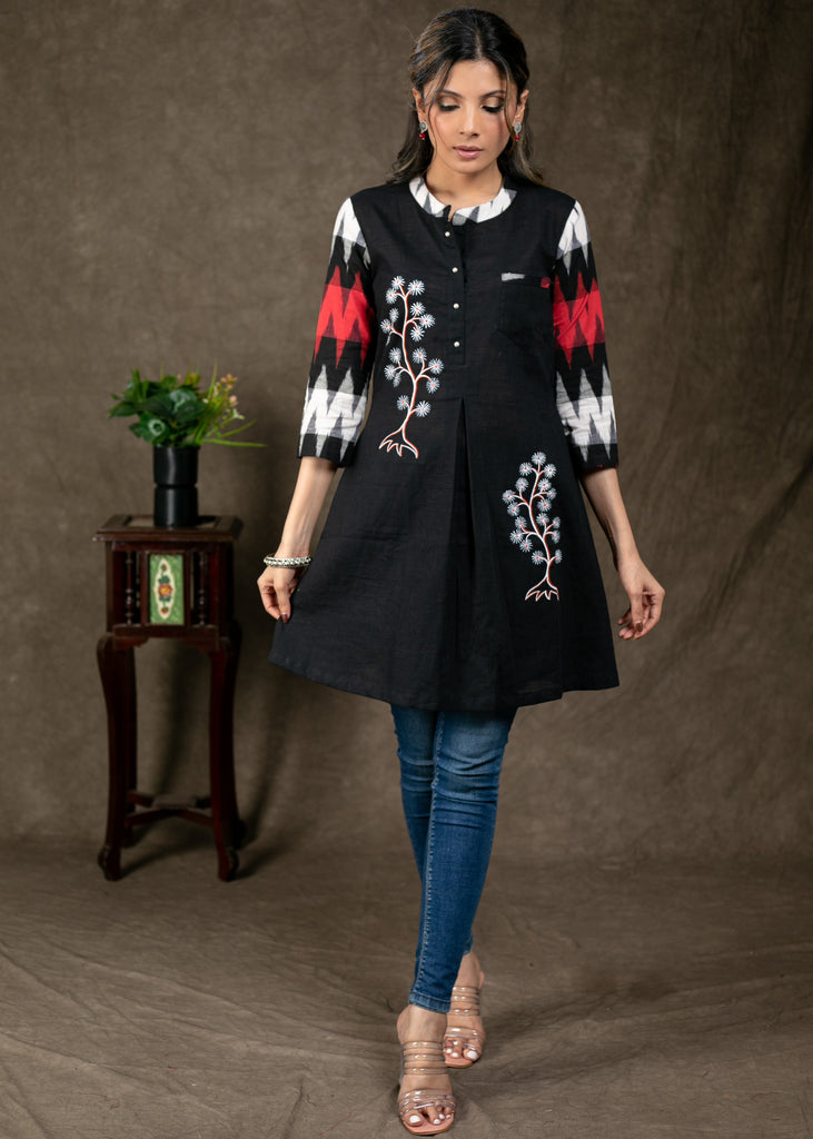 Beautiful Hand painted Black Cotton Tunic with Ikat Combination