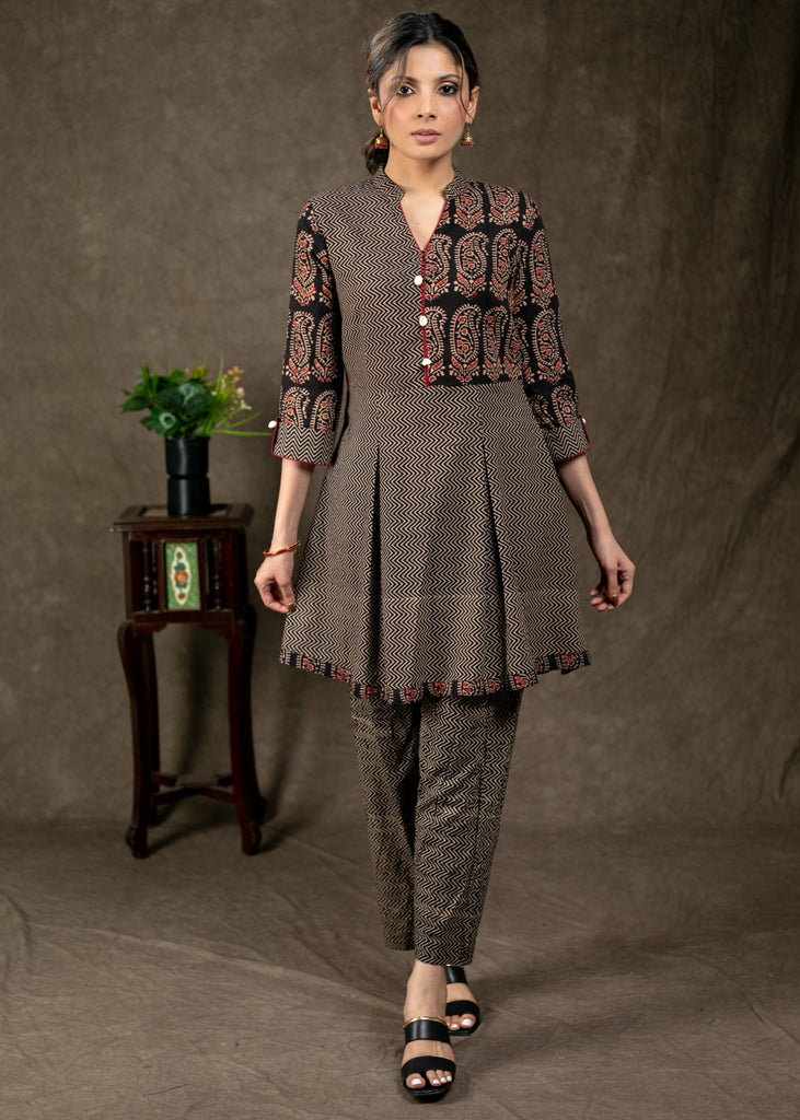 Stylish Ikat and Ajrakh Combination Pleated Tunic