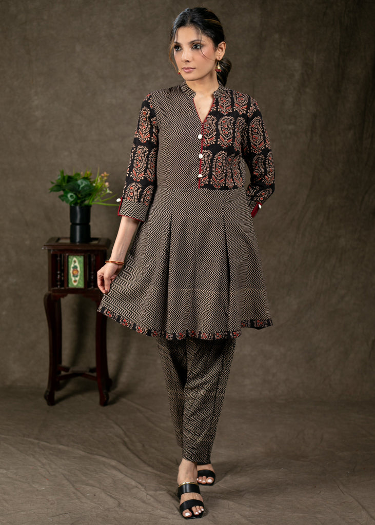 Stylish Ikat and Ajrakh Combination Pleated Tunic