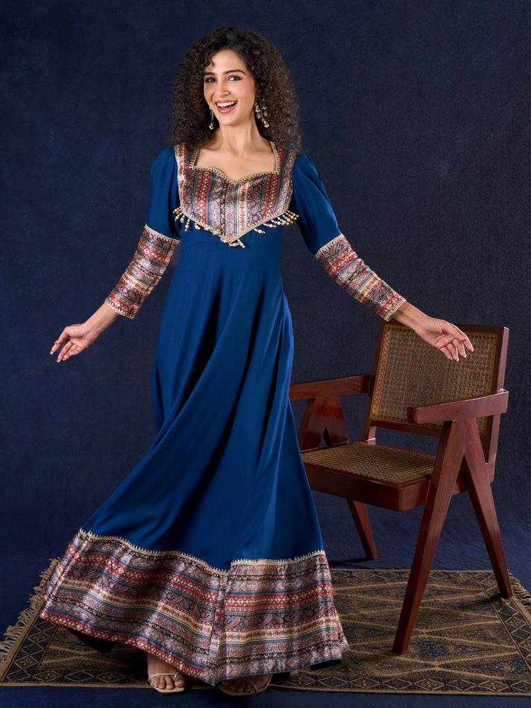 Graceful Navy Blue Rayon Flared Gown with Pleated Statement Sleeves, Embellished Yoke and Pearl Accents