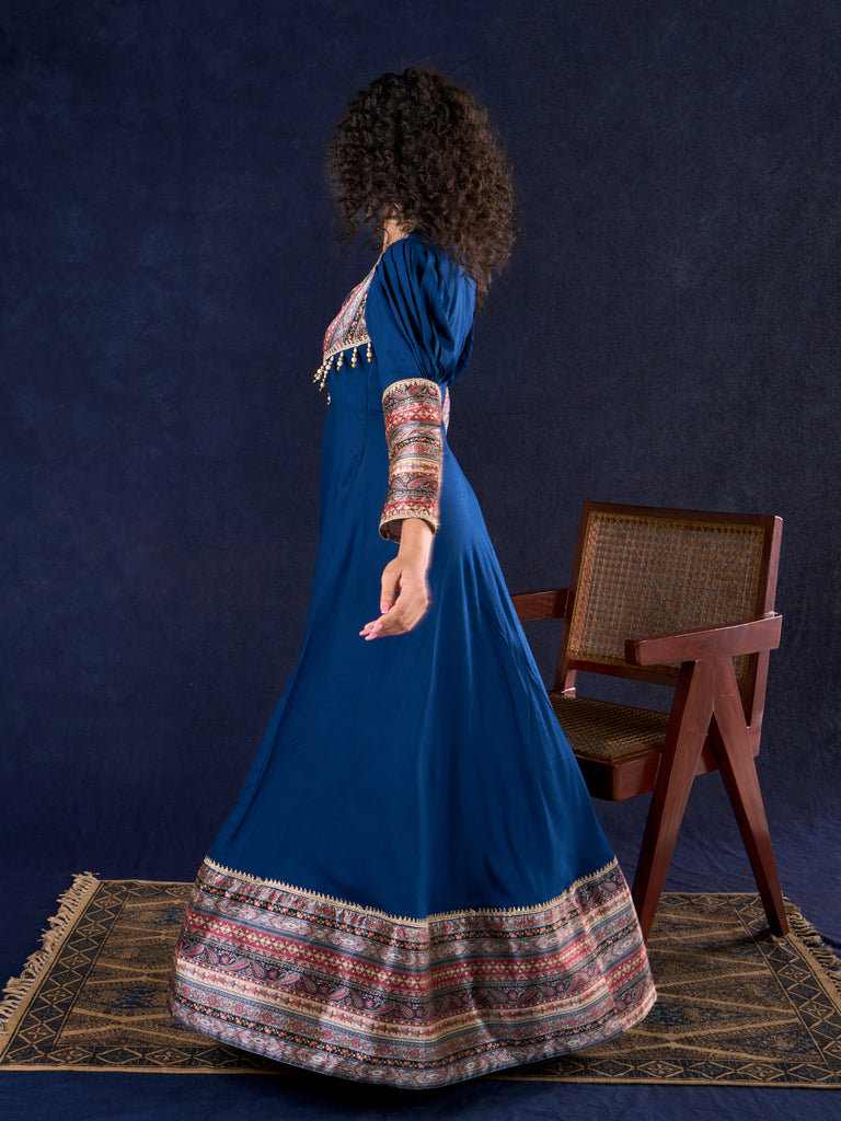 Graceful Navy Blue Rayon Flared Gown with Pleated Statement Sleeves, Embellished Yoke and Pearl Accents