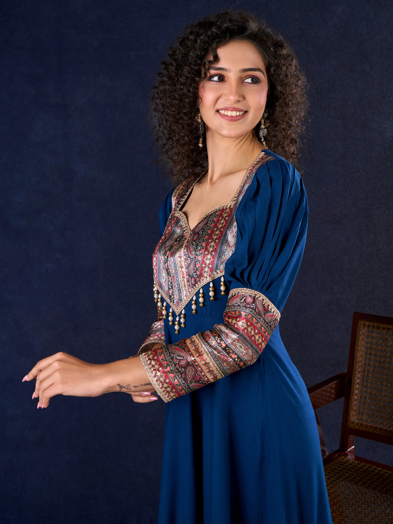 Graceful Navy Blue Rayon Flared Gown with Pleated Statement Sleeves, Embellished Yoke and Pearl Accents