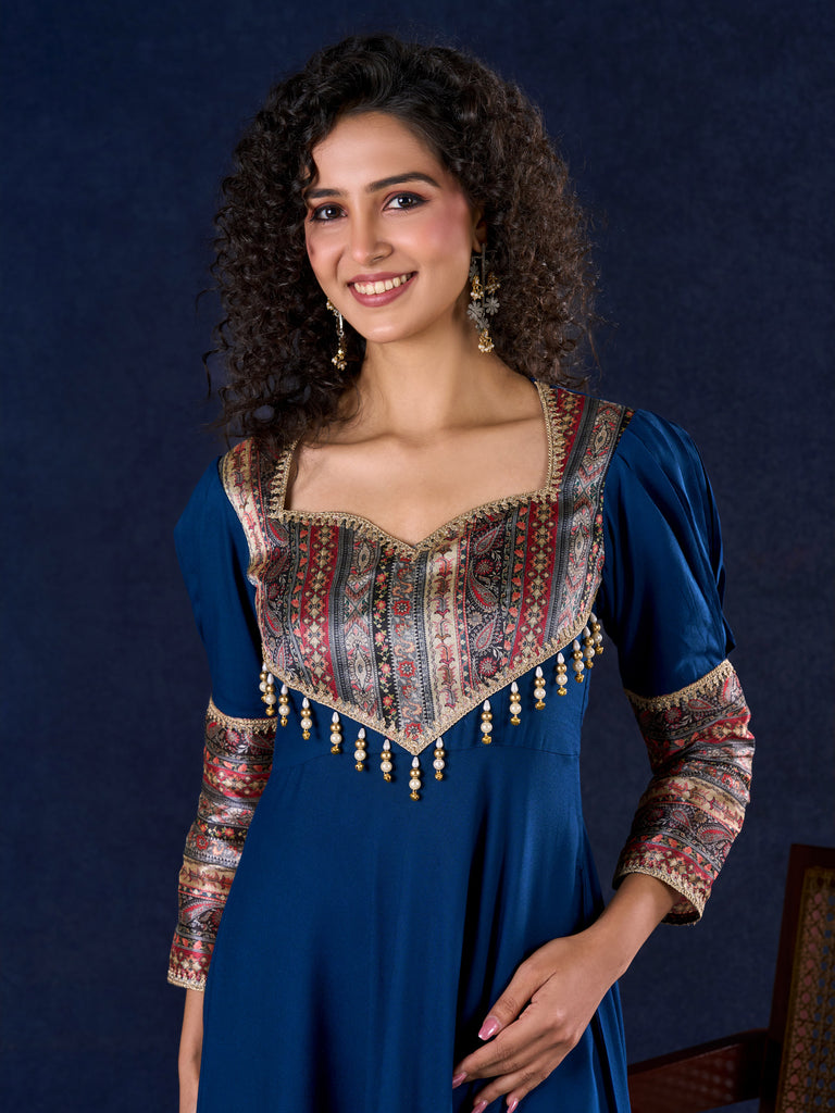 Graceful Navy Blue Rayon Flared Gown with Pleated Statement Sleeves, Embellished Yoke and Pearl Accents