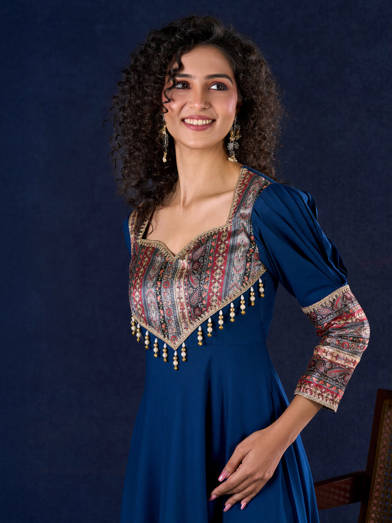 Graceful Navy Blue Rayon Flared Gown with Pleated Statement Sleeves, Embellished Yoke and Pearl Accents