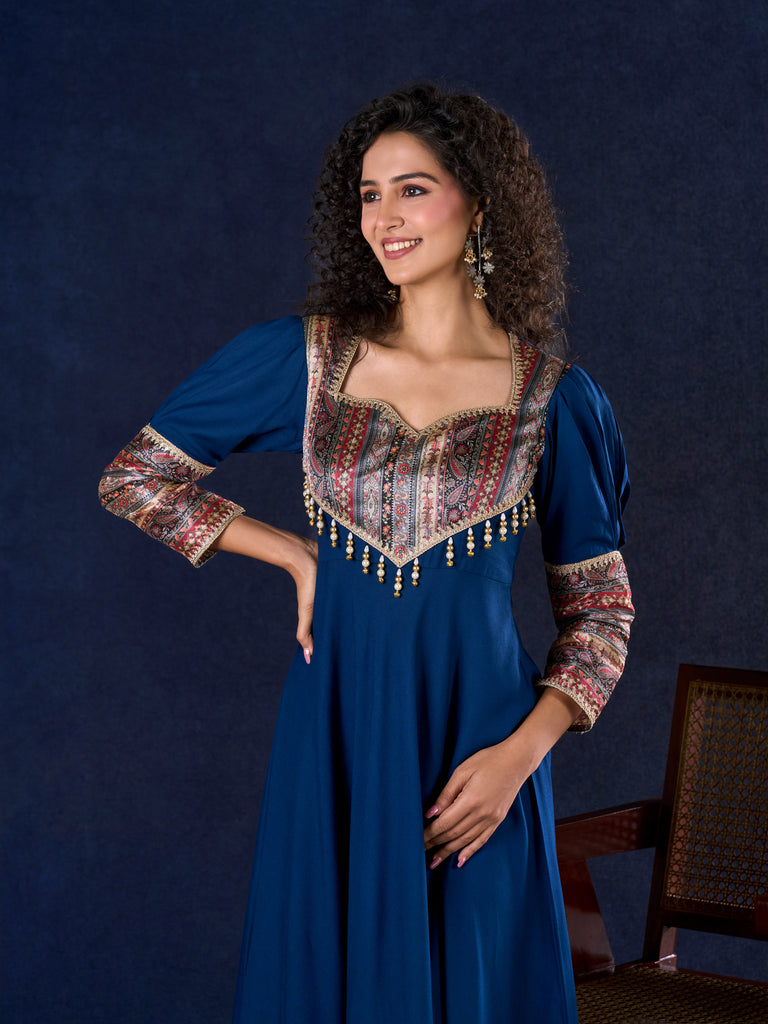 Graceful Navy Blue Rayon Flared Gown with Pleated Statement Sleeves, Embellished Yoke and Pearl Accents