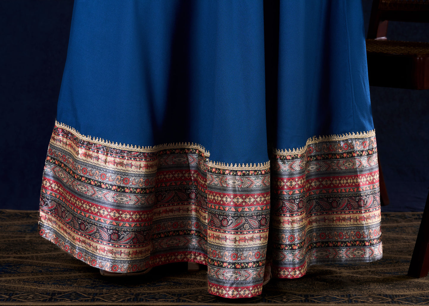 Graceful Navy Blue Rayon Flared Gown with Pleated Statement Sleeves, Embellished Yoke and Pearl Accents