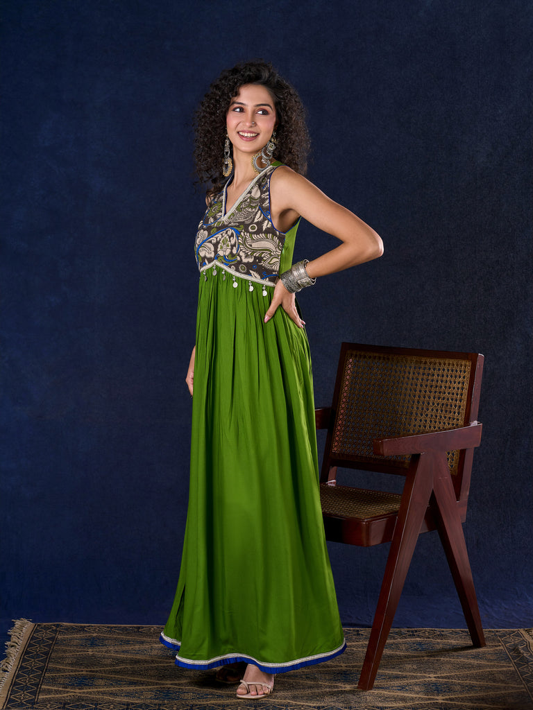 Radiant flowy Moss Green and Blue Flared Gown with Kalamkari Yoke & Intricate Silver Accents