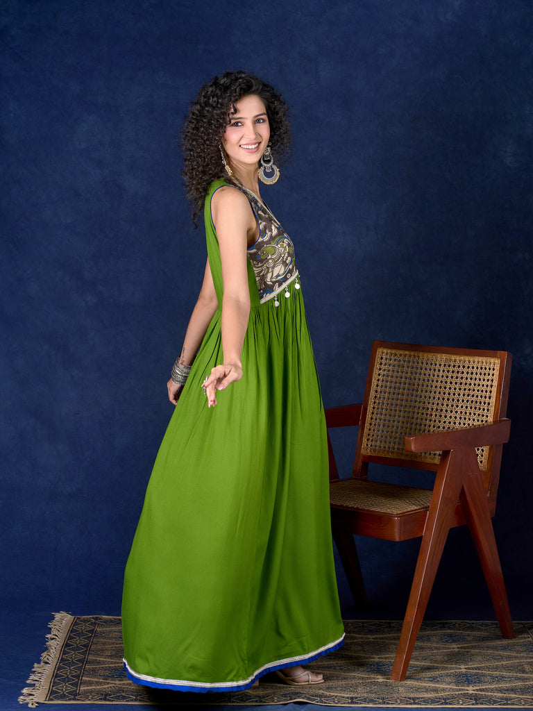 Radiant flowy Moss Green and Blue Flared Gown with Kalamkari Yoke & Intricate Silver Accents