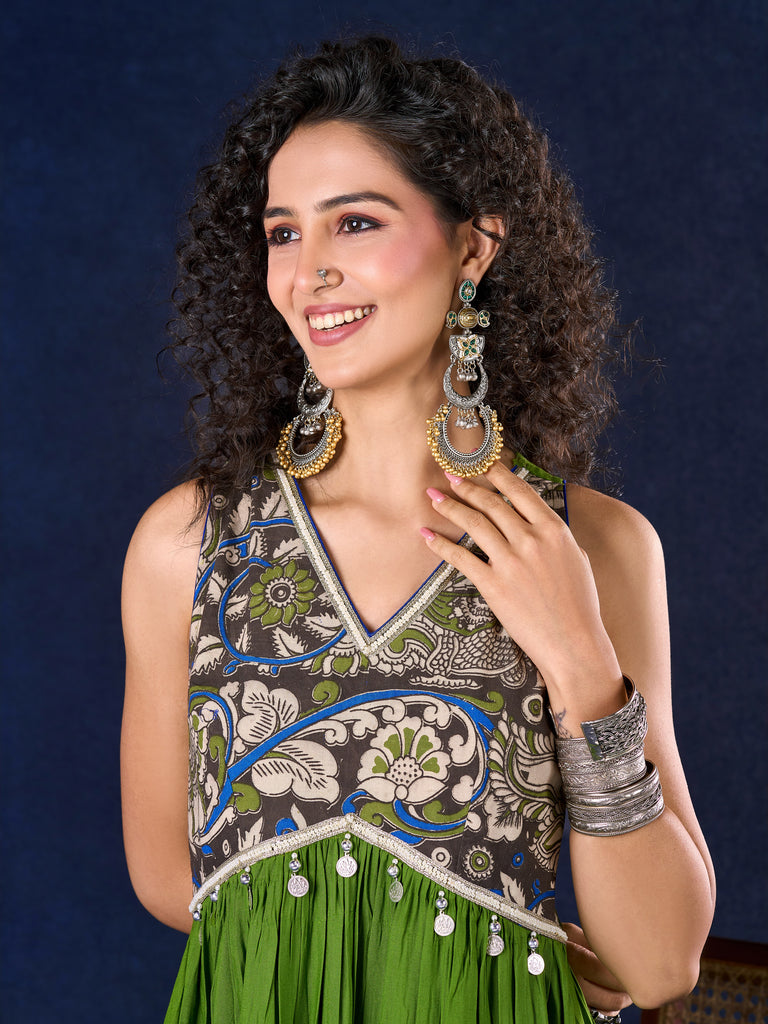 Radiant flowy Moss Green and Blue Flared Gown with Kalamkari Yoke & Intricate Silver Accents