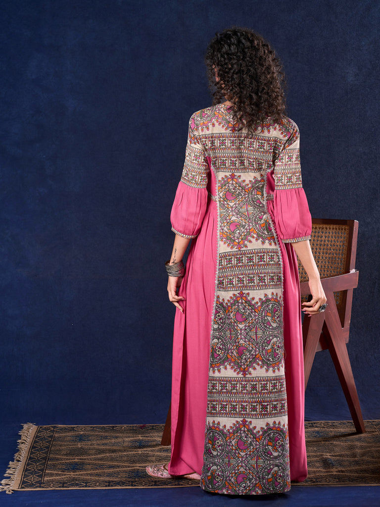 Exquisite Pastel Pink Long Gown featuring Side Gathers, Madhubani Panel & Subtle Embellishment