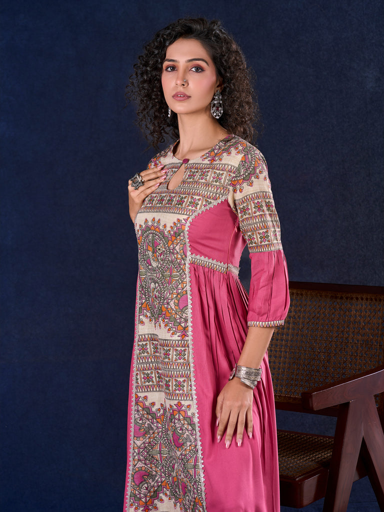 Exquisite Pastel Pink Long Gown featuring Side Gathers, Madhubani Panel & Subtle Embellishment