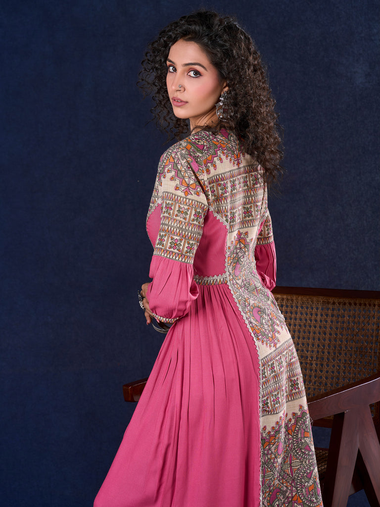 Exquisite Pastel Pink Long Gown featuring Side Gathers, Madhubani Panel & Subtle Embellishment