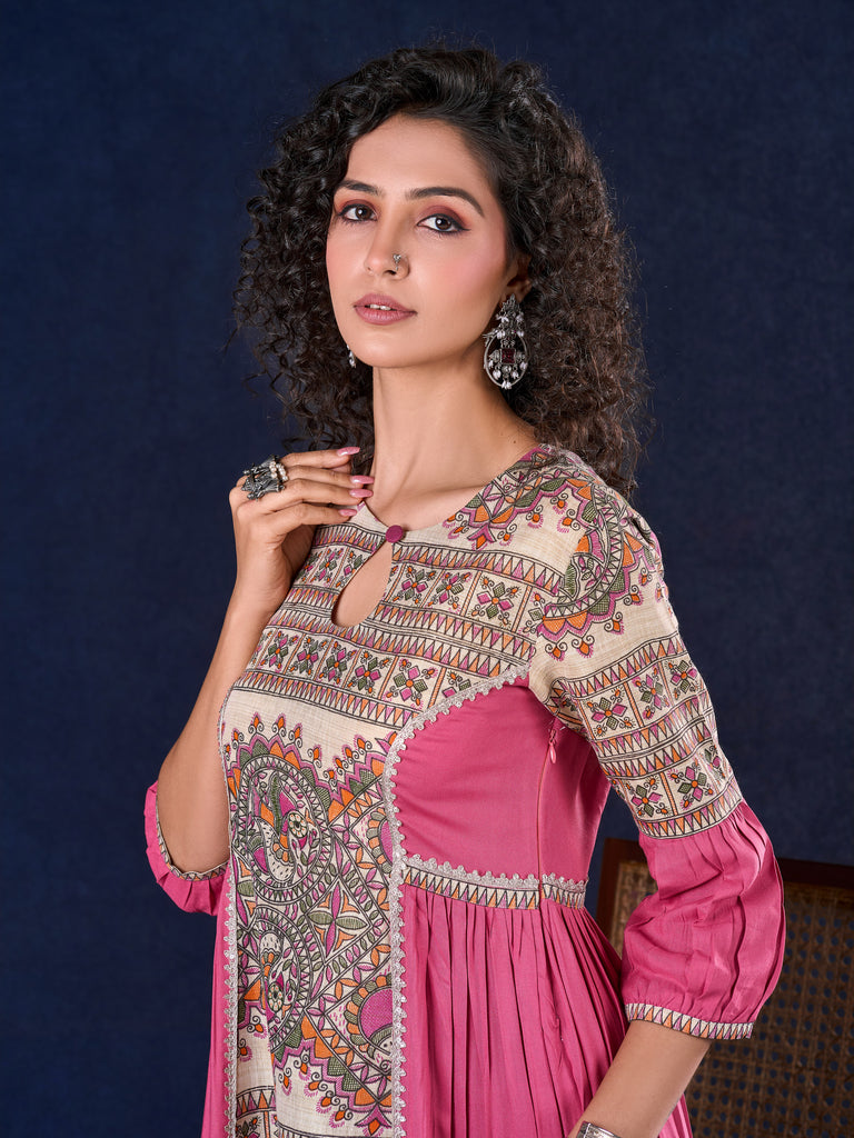 Exquisite Pastel Pink Long Gown featuring Side Gathers, Madhubani Panel & Subtle Embellishment