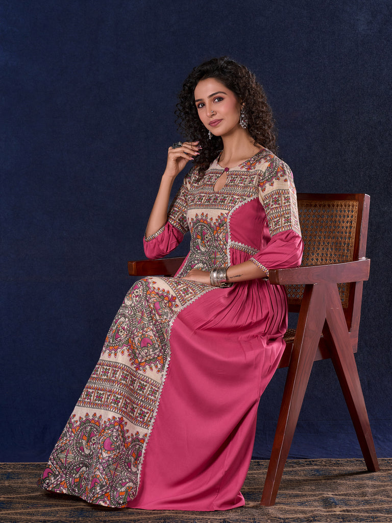 Exquisite Pastel Pink Long Gown featuring Side Gathers, Madhubani Panel & Subtle Embellishment