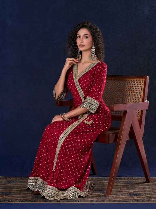Heritage Maroon Bandhani A-Line Angarkha Gown with Minimal Lace Embellishment & Statement Tassels