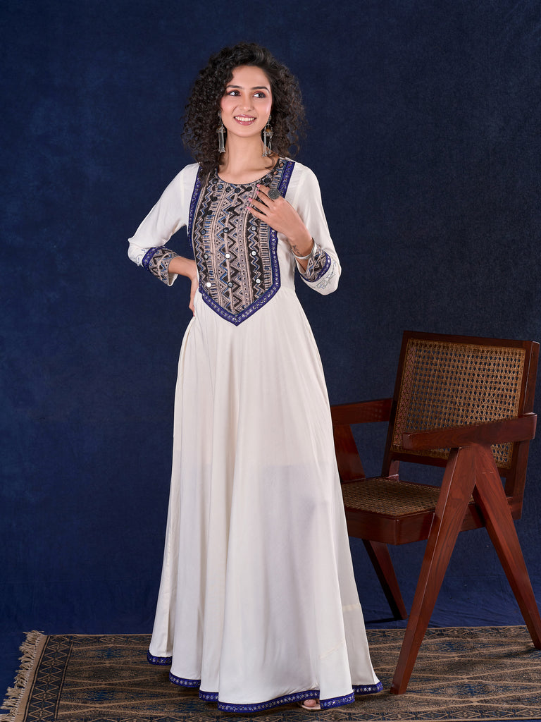 Majestic Off-White Rayon Long Flared Gown featuring Kalamkari Yoke, Mirror Work and Delicate Lace Accents & Hand Painted Kalamkari Border on Sleeves