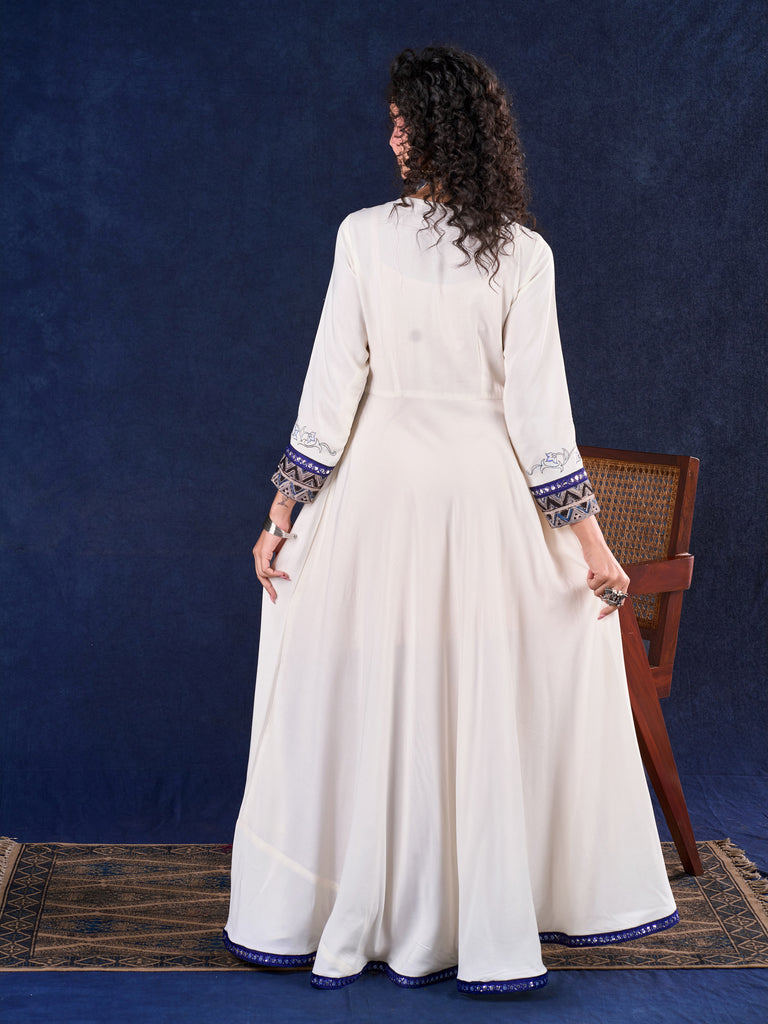Majestic Off-White Rayon Long Flared Gown featuring Kalamkari Yoke, Mirror Work and Delicate Lace Accents & Hand Painted Kalamkari Border on Sleeves
