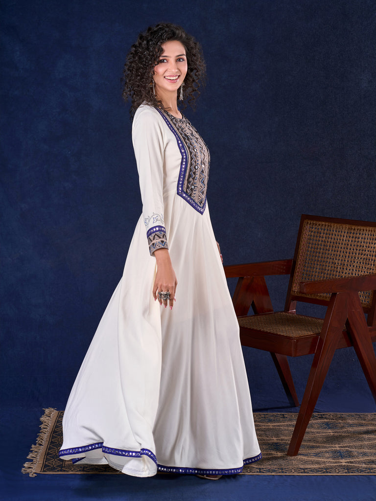 Majestic Off-White Rayon Long Flared Gown featuring Kalamkari Yoke, Mirror Work and Delicate Lace Accents & Hand Painted Kalamkari Border on Sleeves
