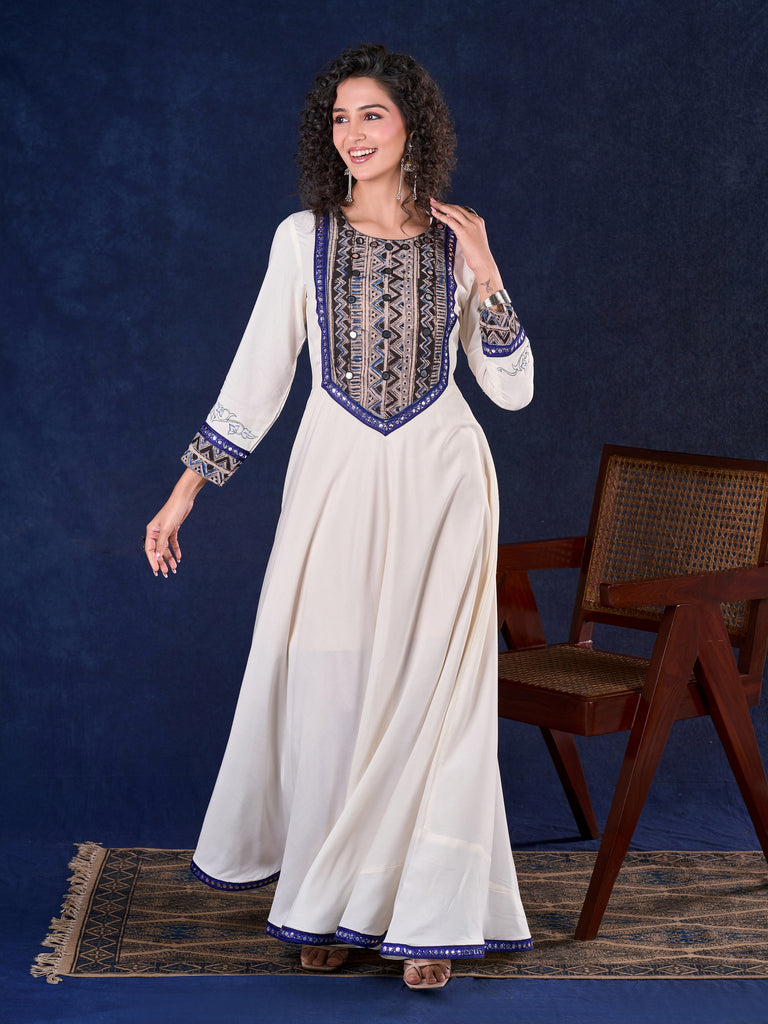 Majestic Off-White Rayon Long Flared Gown featuring Kalamkari Yoke, Mirror Work and Delicate Lace Accents & Hand Painted Kalamkari Border on Sleeves