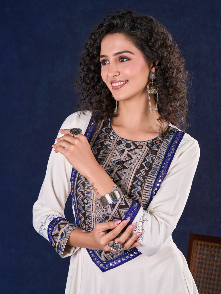 Majestic Off-White Rayon Long Flared Gown featuring Kalamkari Yoke, Mirror Work and Delicate Lace Accents & Hand Painted Kalamkari Border on Sleeves