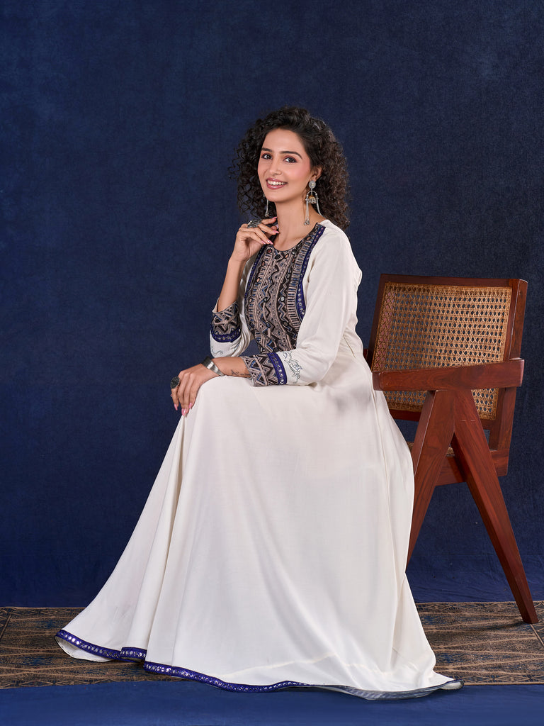 Majestic Off-White Rayon Long Flared Gown featuring Kalamkari Yoke, Mirror Work and Delicate Lace Accents & Hand Painted Kalamkari Border on Sleeves
