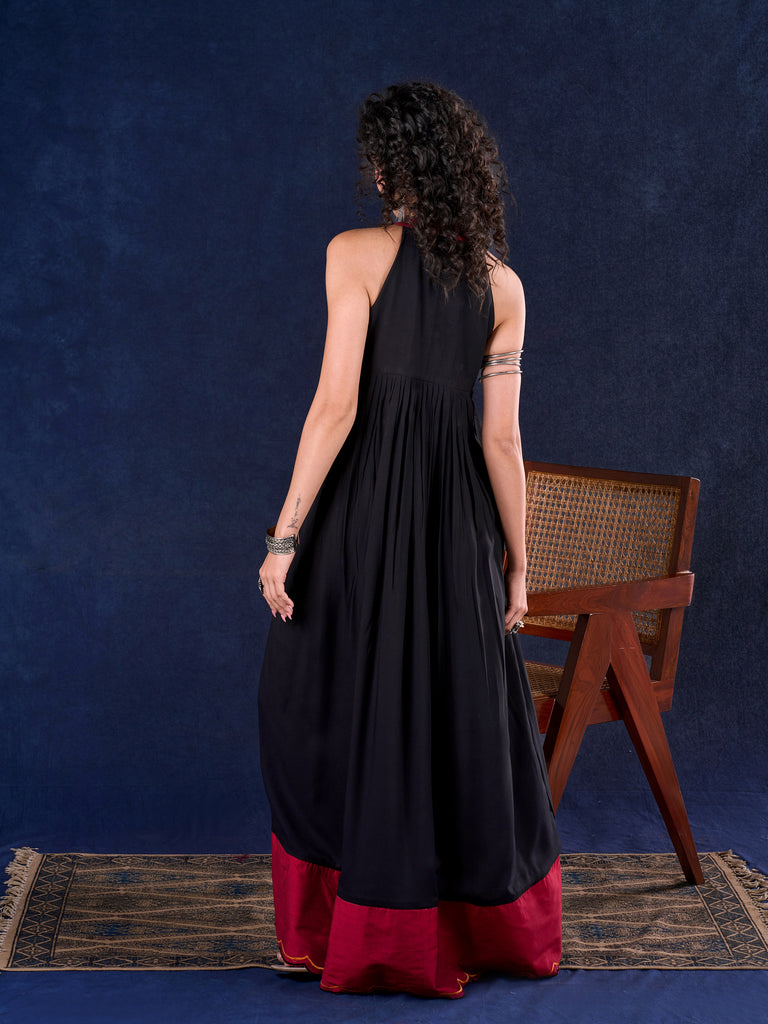 Elegant Black Rayon Halter Neck Long Gown with Mirror Work & Cowrie Shell Embellishments