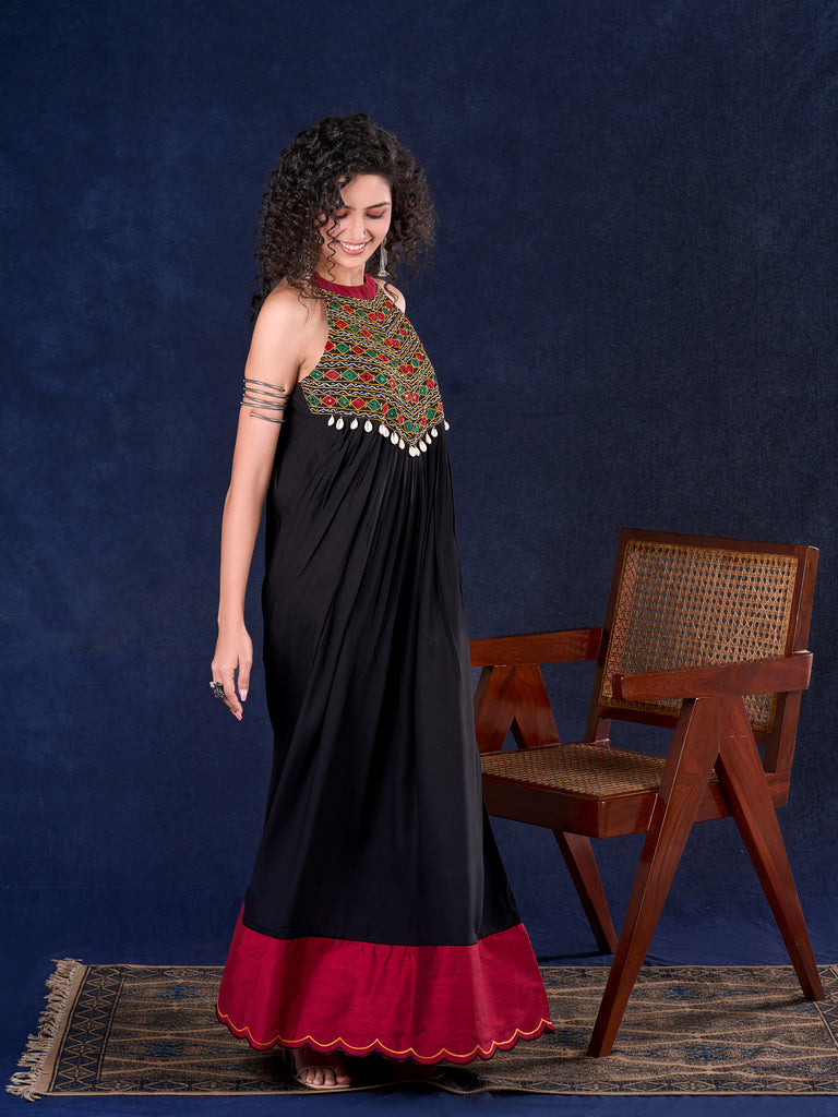 Elegant Black Rayon Halter Neck Long Gown with Mirror Work & Cowrie Shell Embellishments