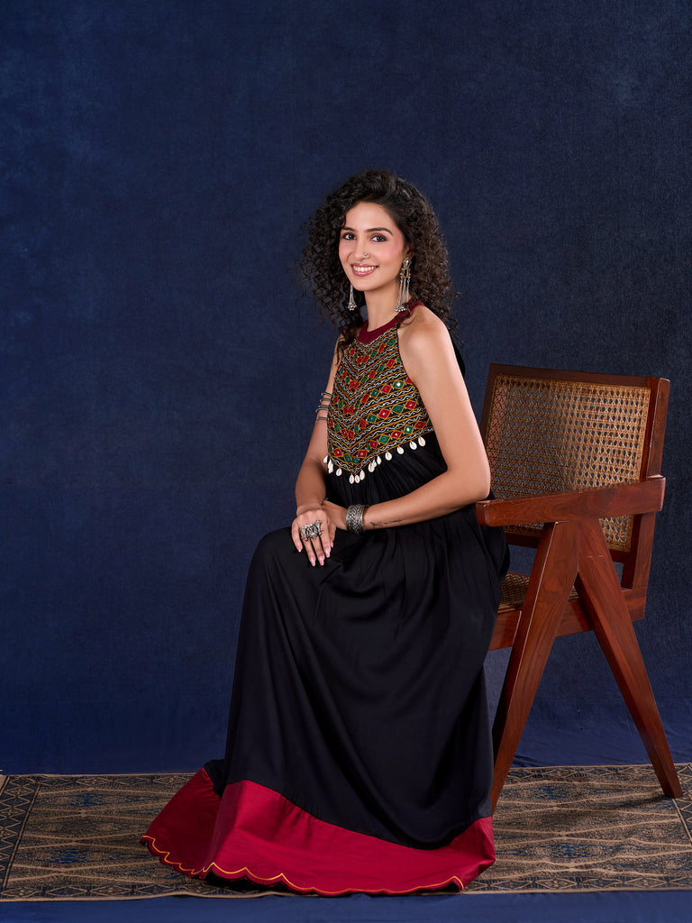 Elegant Black Rayon Halter Neck Long Gown with Mirror Work & Cowrie Shell Embellishments