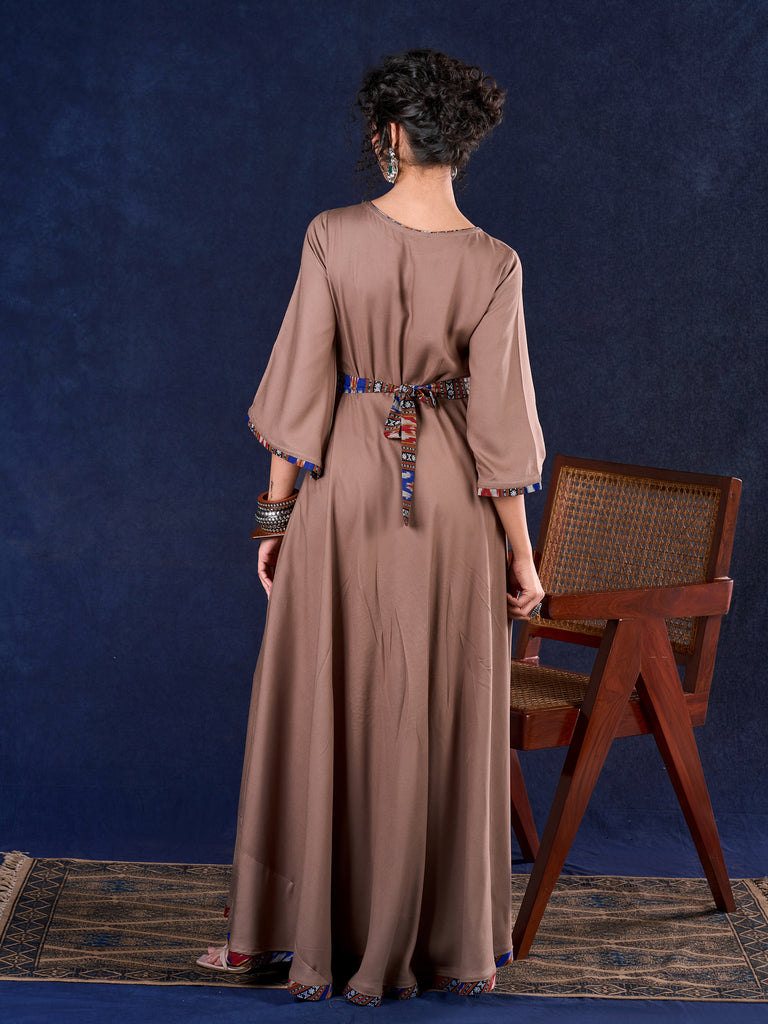 Statement Earthy Brown Rayon Bell-Sleeve Long Gown with Detachable Ikat Belt and Hand Painted Gond Art