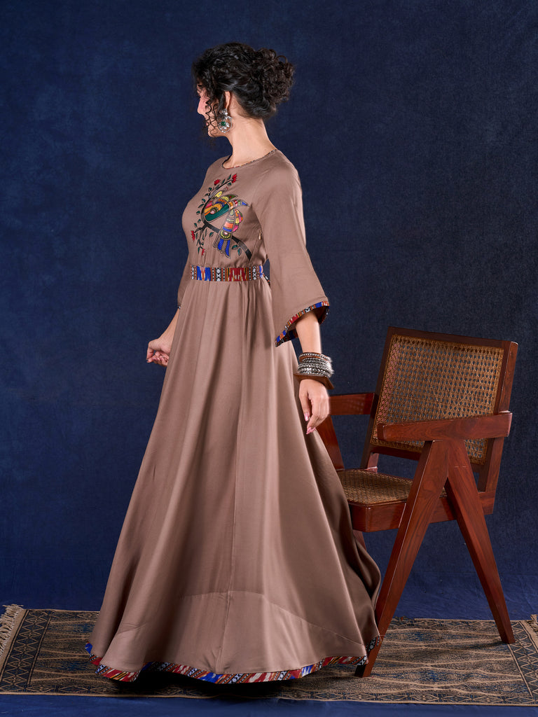 Statement Earthy Brown Rayon Bell-Sleeve Long Gown with Detachable Ikat Belt and Hand Painted Gond Art