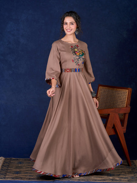 Statement Earthy Brown Rayon Bell-Sleeve Long Gown with Detachable Ikat Belt and Hand Painted Gond Art