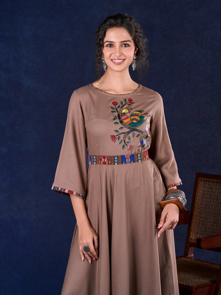 Statement Earthy Brown Rayon Bell-Sleeve Long Gown with Detachable Ikat Belt and Hand Painted Gond Art